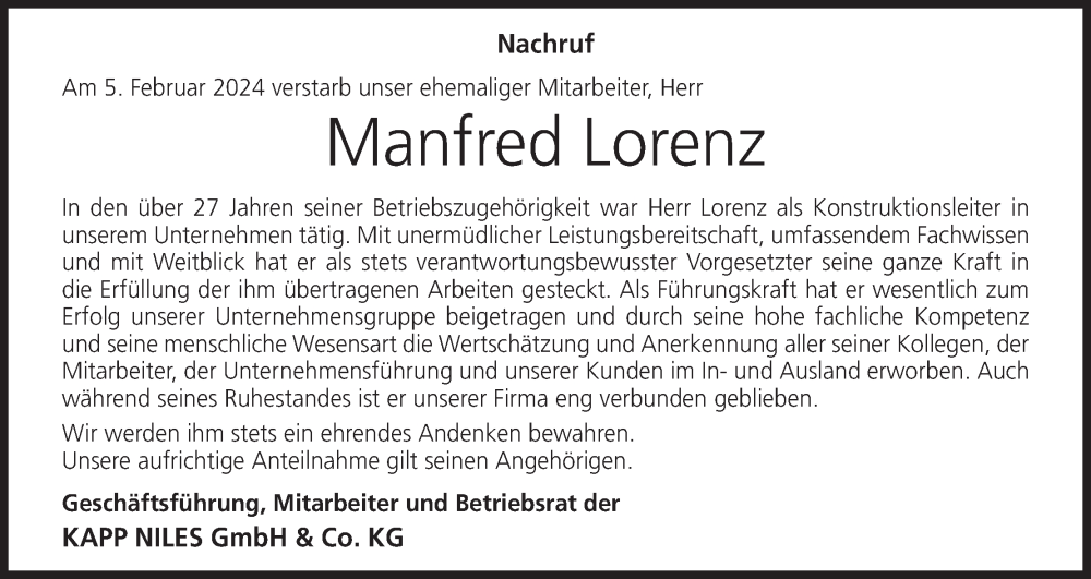  Traueranzeige für Manfred Lorenz vom 10.02.2024 aus MGO