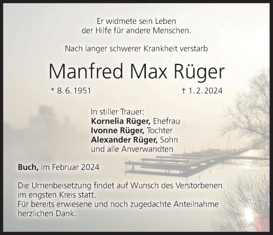 Anzeige von Manfred Max Rüger von MGO