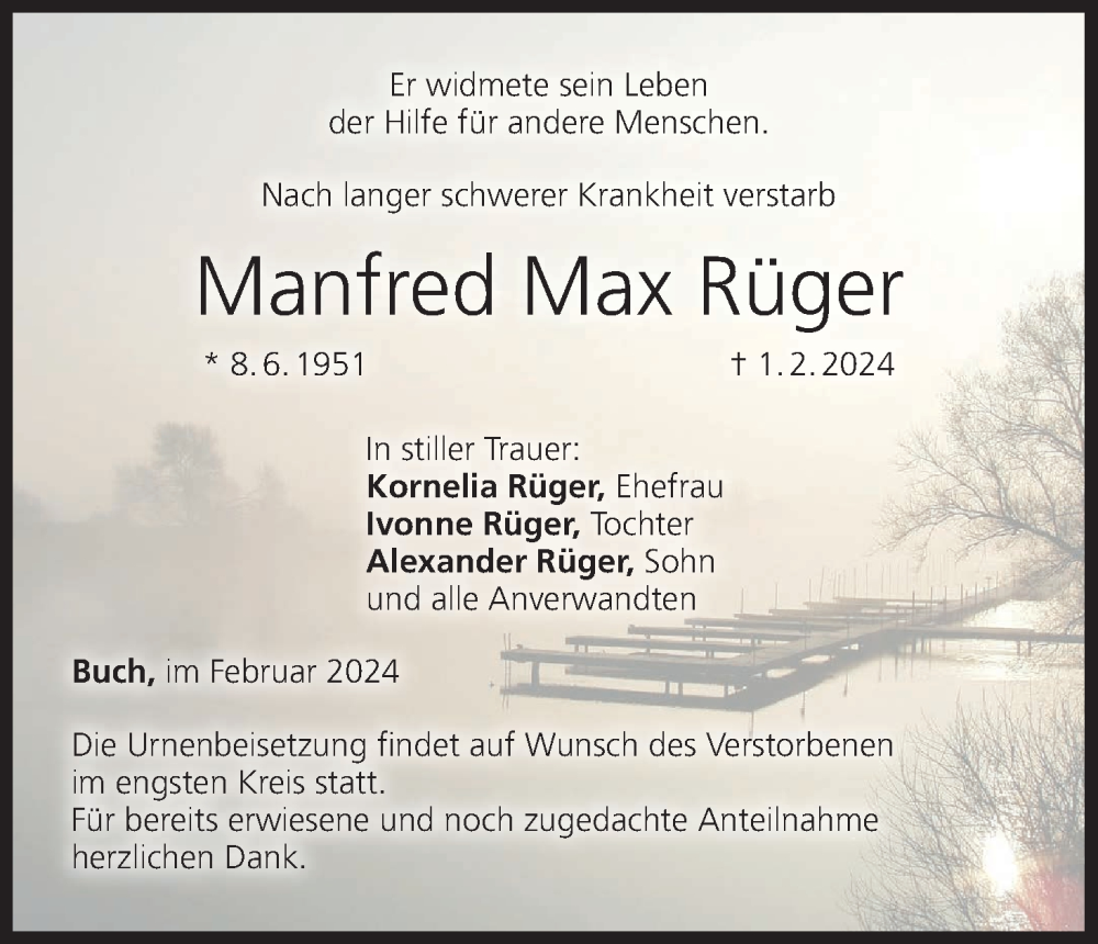  Traueranzeige für Manfred Max Rüger vom 09.02.2024 aus MGO