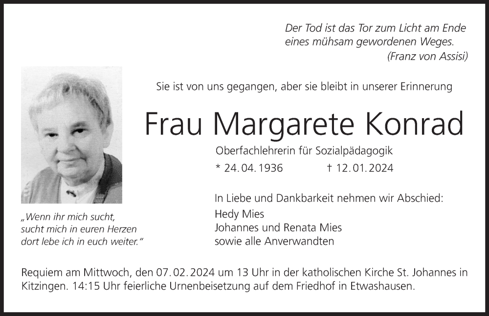  Traueranzeige für Margarete Konrad vom 03.02.2024 aus MGO