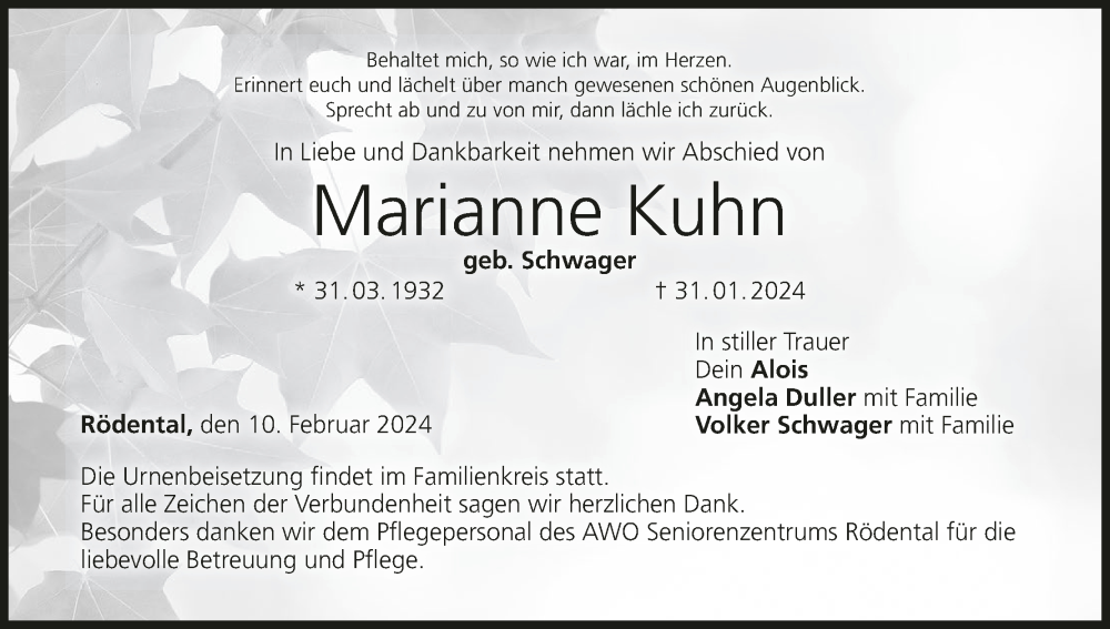  Traueranzeige für Marianne Kuhn vom 10.02.2024 aus MGO