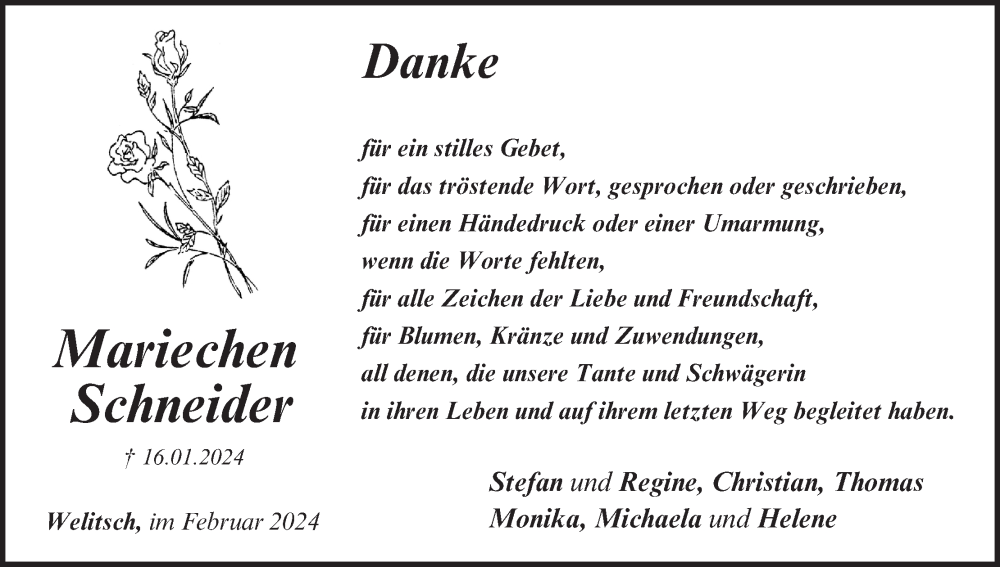  Traueranzeige für Mariechen Schneider vom 24.02.2024 aus MGO