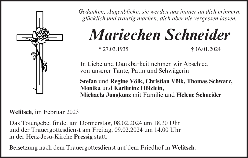  Traueranzeige für Mariechen Schneider vom 03.02.2024 aus MGO