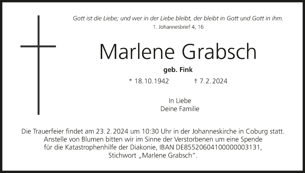  Traueranzeige für Marlene Grabsch vom 17.02.2024 aus MGO