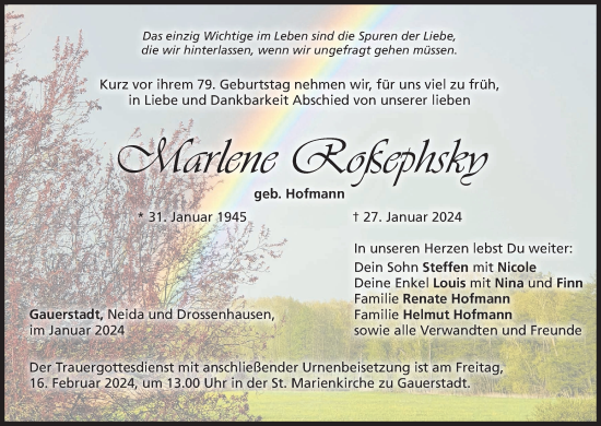 Anzeige von Marlene Roßephsky von MGO