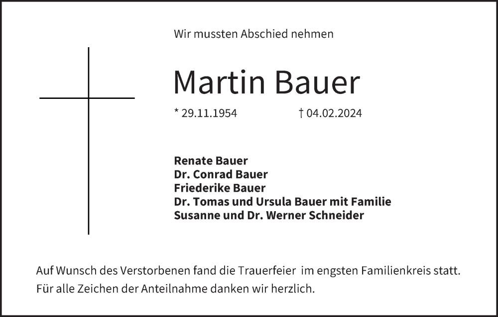  Traueranzeige für Martin Bauer vom 12.02.2024 aus MGO