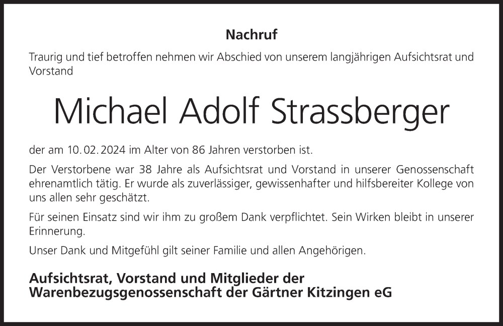  Traueranzeige für Michael Adolf Strassberger vom 20.02.2024 aus MGO