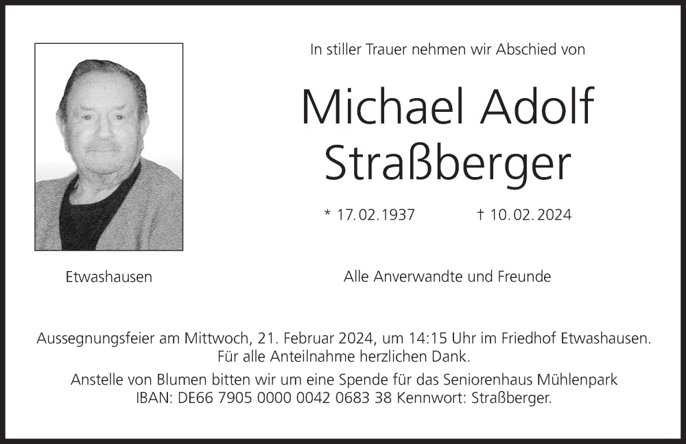  Traueranzeige für Michael Adolf Straßberger vom 17.02.2024 aus MGO