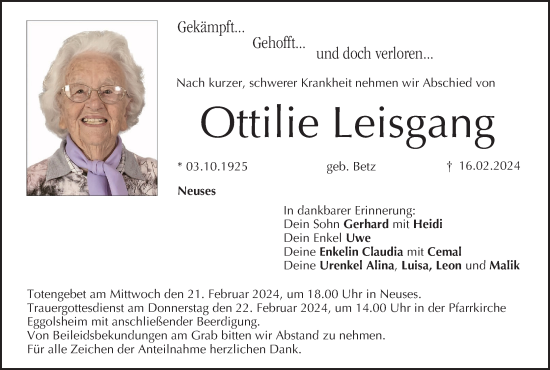 Anzeige von Ottilie Leisgang von MGO