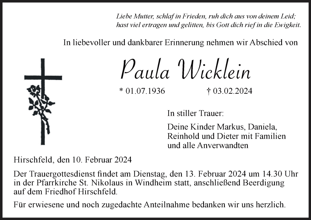  Traueranzeige für Paula Wicklein vom 10.02.2024 aus MGO