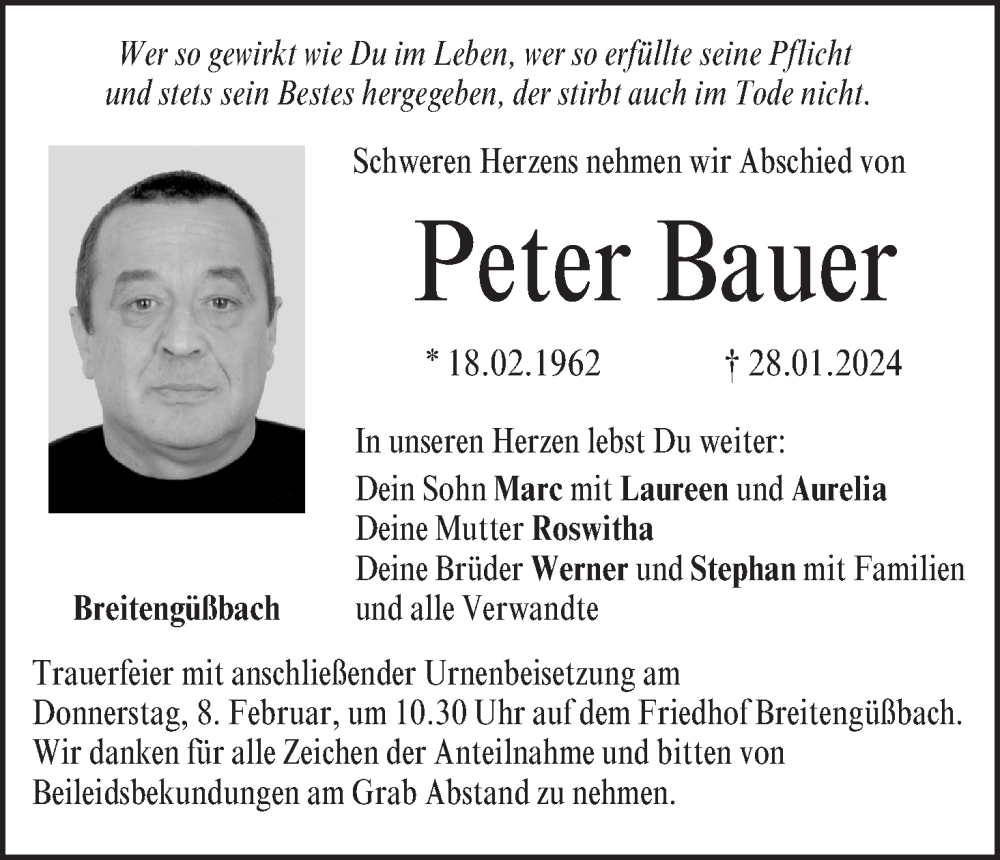  Traueranzeige für Peter Bauer vom 03.02.2024 aus MGO