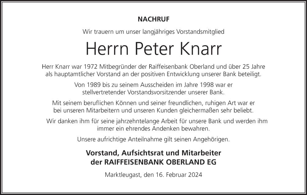  Traueranzeige für Peter Knarr vom 16.02.2024 aus MGO