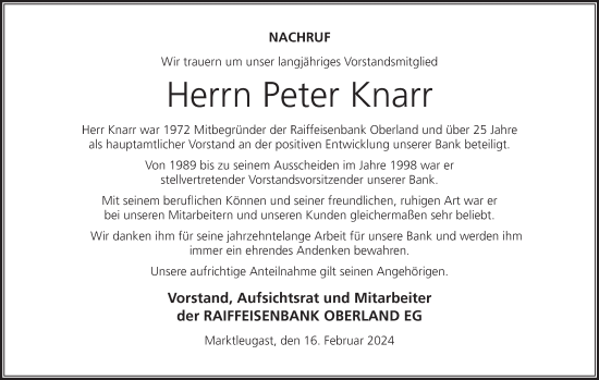Anzeige von Peter Knarr von MGO