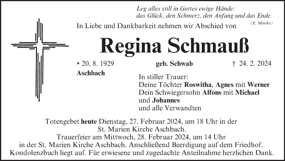  Traueranzeige für Regina Schmauß vom 27.02.2024 aus MGO