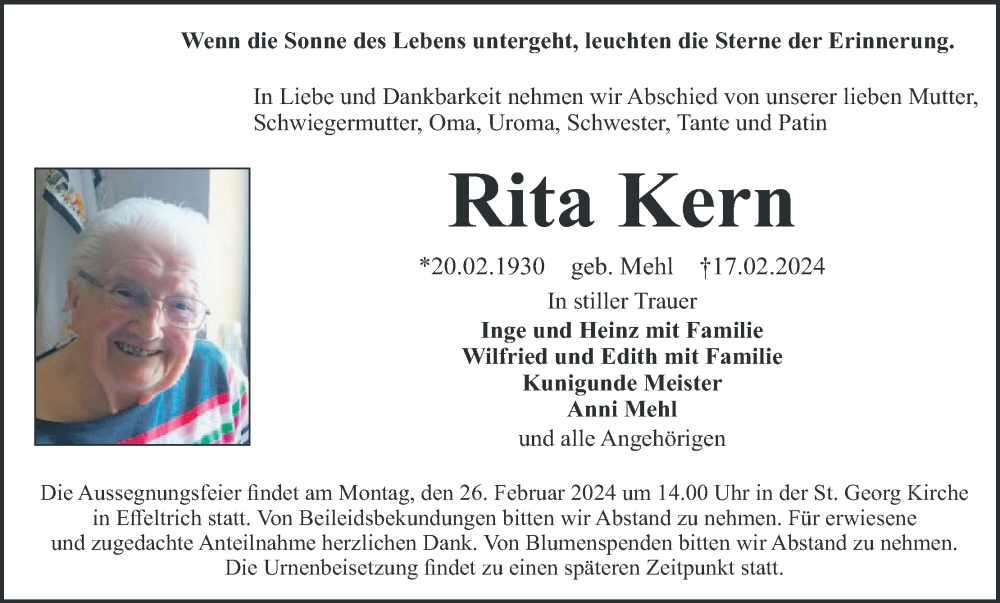  Traueranzeige für Rita Kern vom 24.02.2024 aus MGO