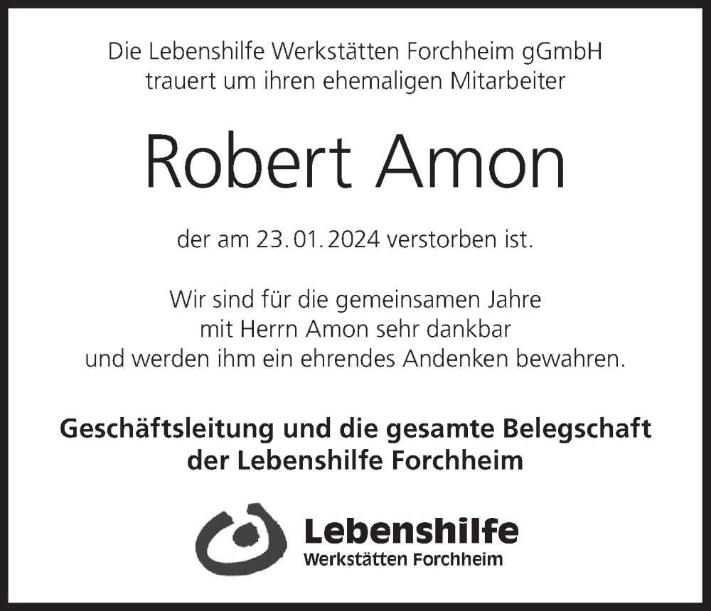 Traueranzeige für Robert Amon vom 21.02.2024 aus MGO