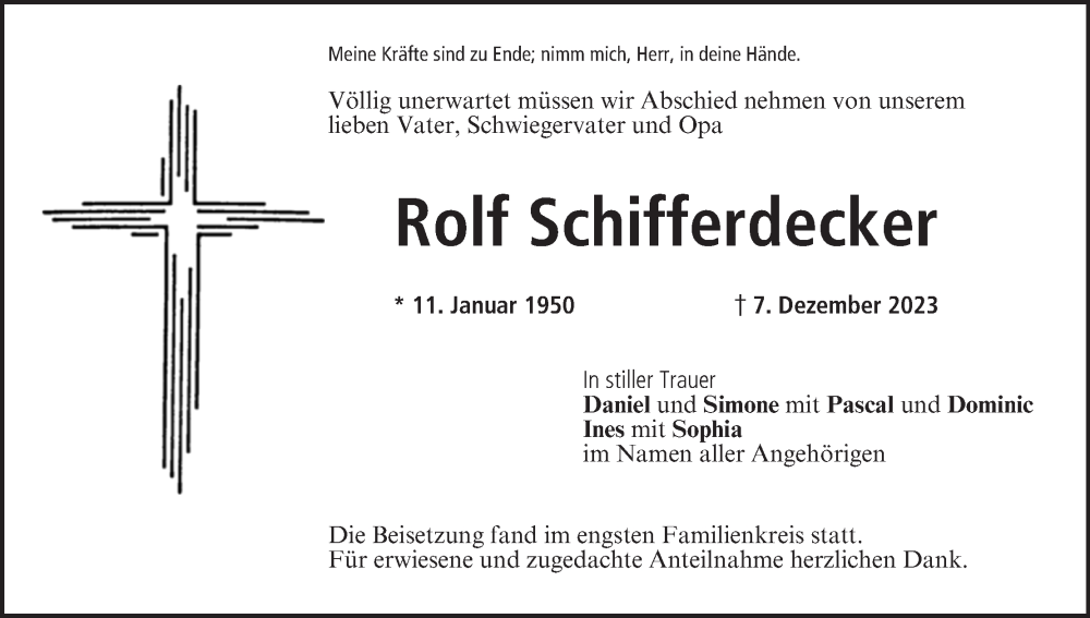  Traueranzeige für Rolf Schifferdecker vom 17.02.2024 aus MGO