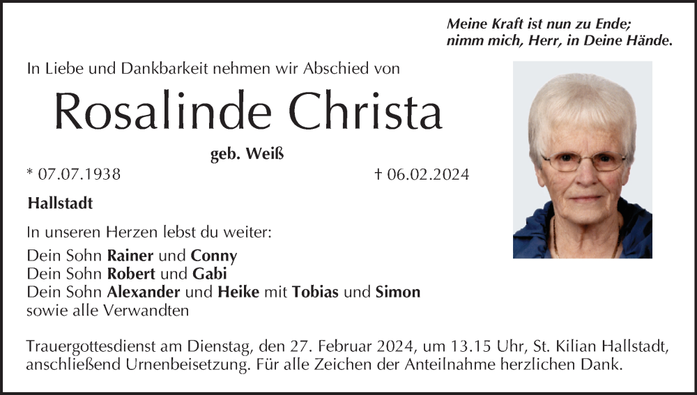  Traueranzeige für Rosalinde Christa vom 24.02.2024 aus MGO
