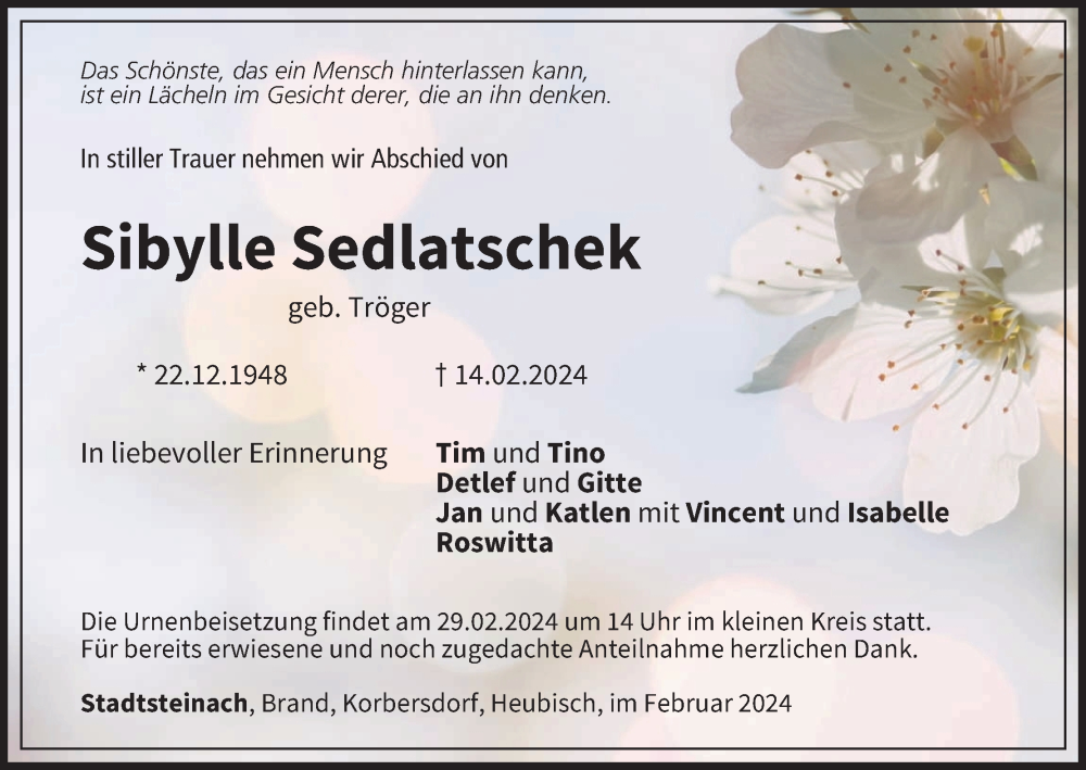  Traueranzeige für Sibylle Sedlatschek vom 20.02.2024 aus MGO
