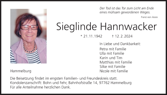 Anzeige von Sieglinde Hannwacker von MGO
