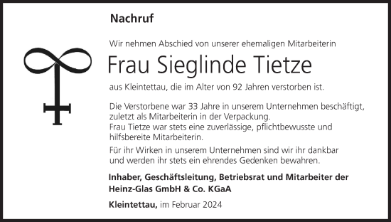 Anzeige von Sieglinde Tietze von MGO