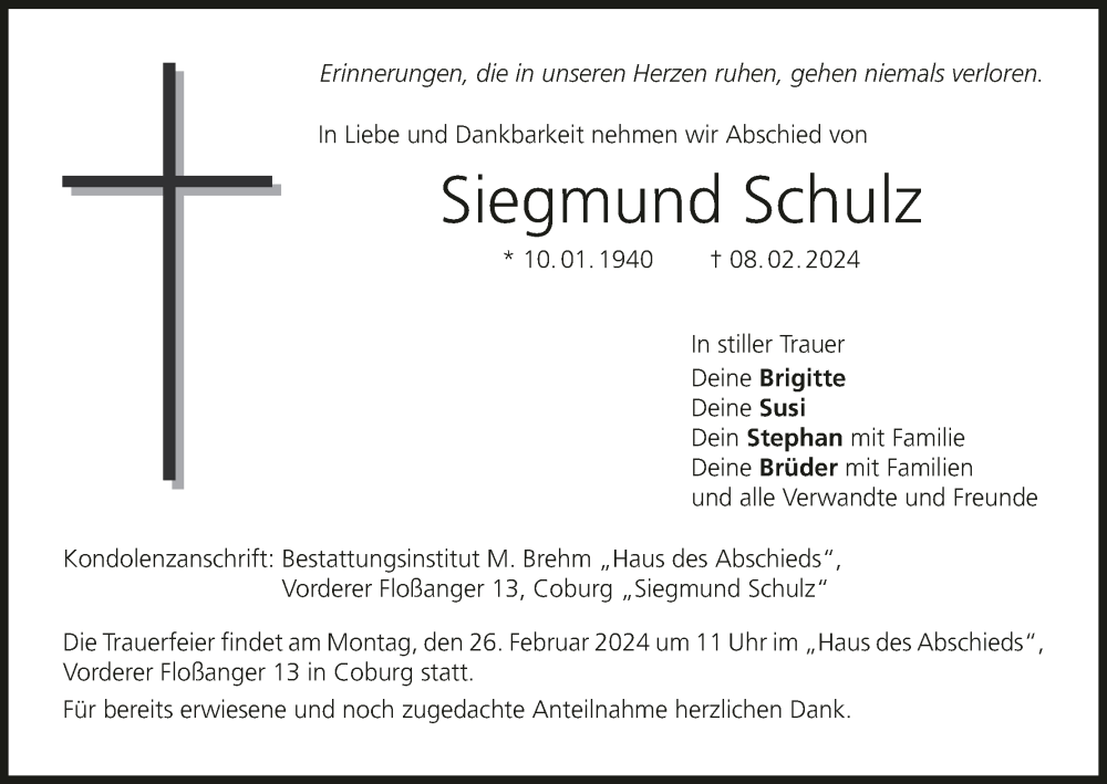  Traueranzeige für Siegmund Schulz vom 17.02.2024 aus MGO