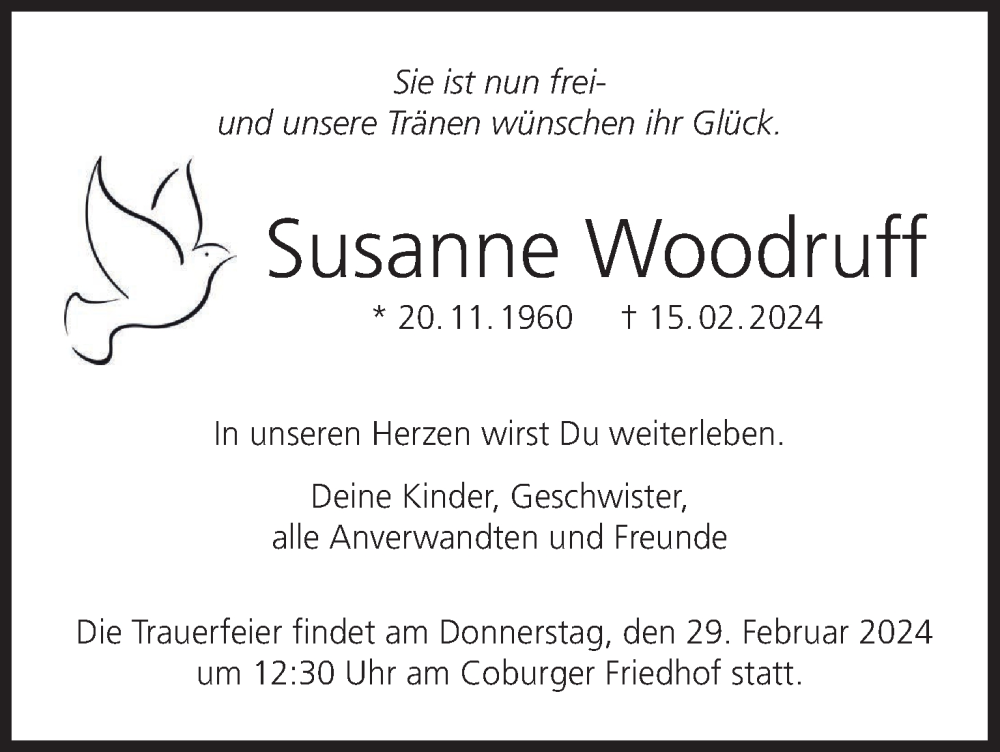  Traueranzeige für Susanne Woodruff vom 24.02.2024 aus MGO