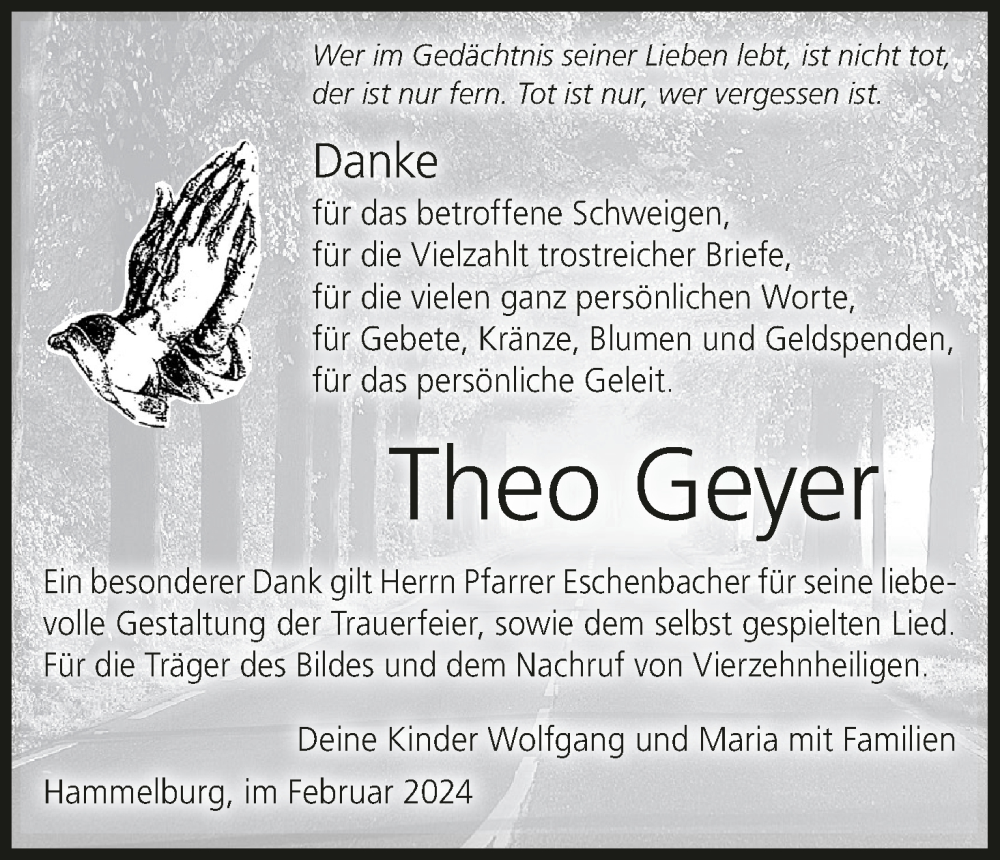  Traueranzeige für Theo Geyer vom 10.02.2024 aus MGO