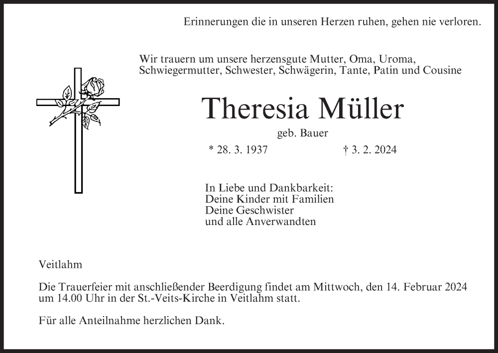  Traueranzeige für Theresia Müller vom 10.02.2024 aus MGO