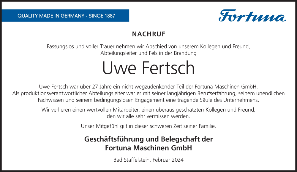  Traueranzeige für Uwe Fertsch vom 24.02.2024 aus MGO