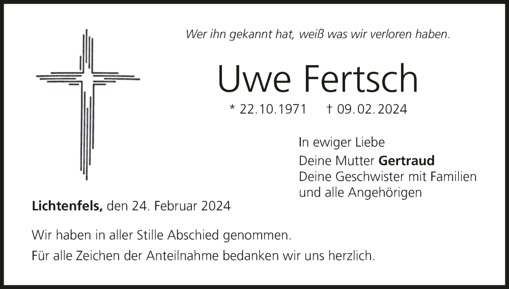  Traueranzeige für Uwe Fertsch vom 24.02.2024 aus MGO