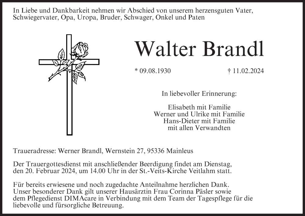  Traueranzeige für Walter Brandl vom 17.02.2024 aus MGO