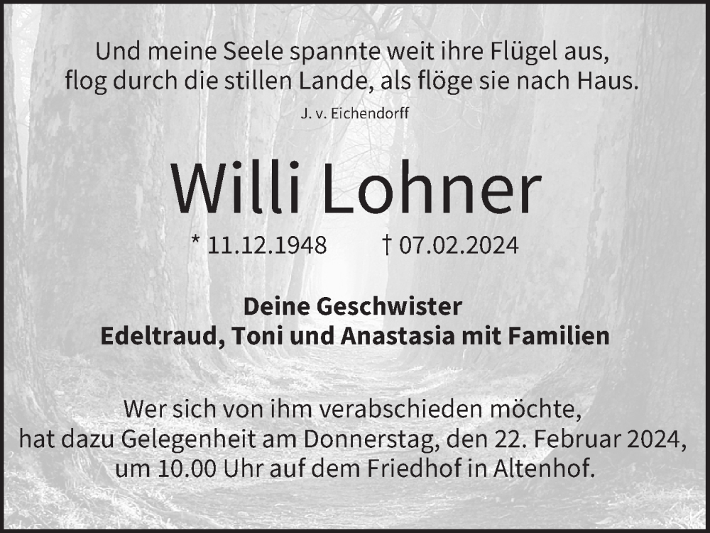  Traueranzeige für Willi Lohner vom 17.02.2024 aus MGO