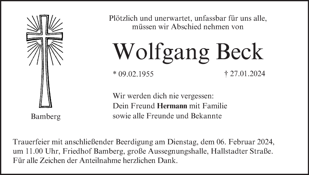  Traueranzeige für Wolfgang Beck vom 03.02.2024 aus MGO