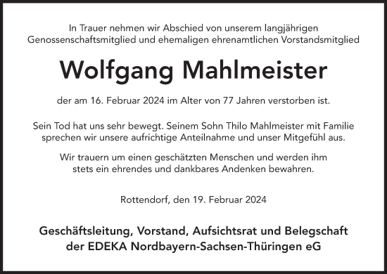 Anzeige von Wolfgang Mahlmeister von MGO