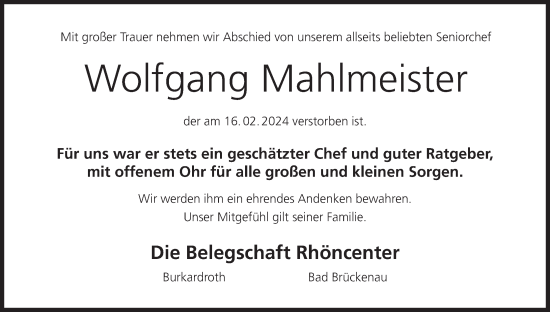 Anzeige von Wolfgang Mahlmeister von MGO