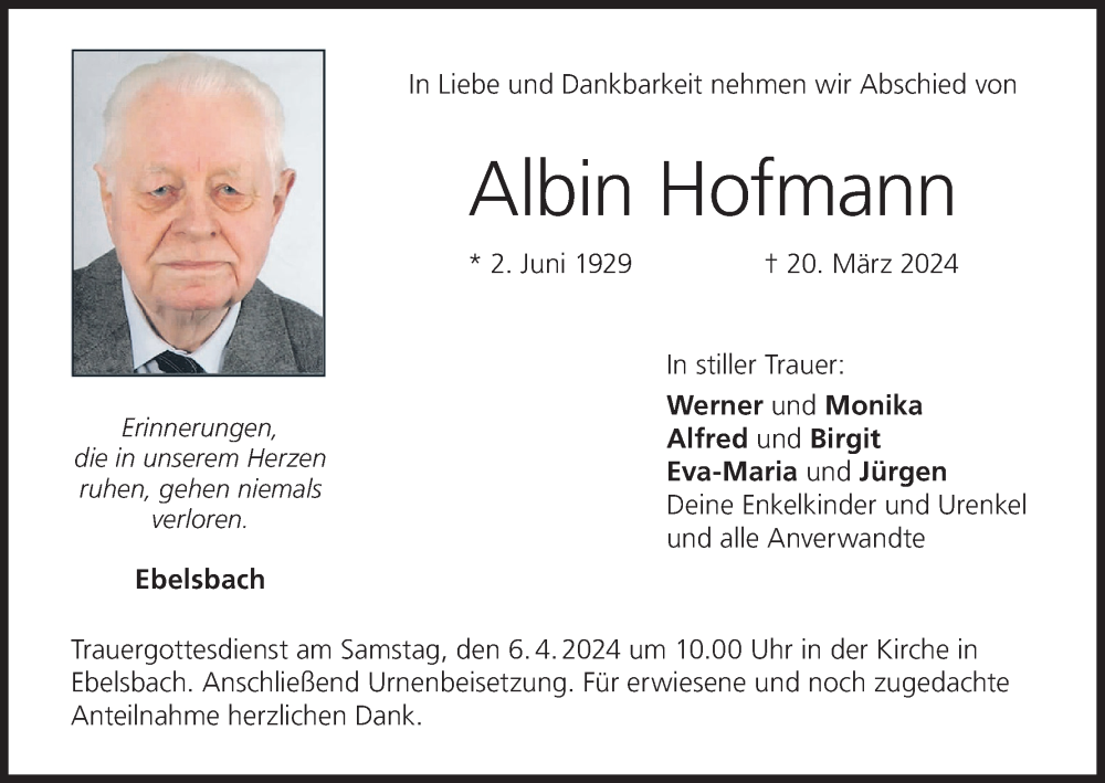  Traueranzeige für Albin Hofmann vom 30.03.2024 aus MGO