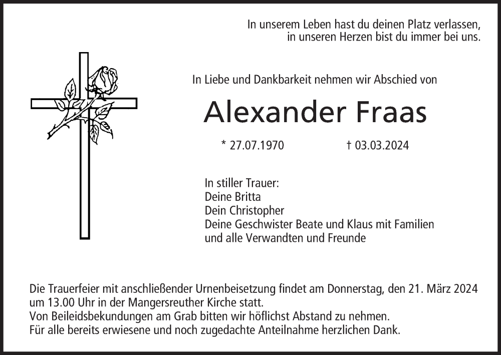  Traueranzeige für Alexander Fraas vom 16.03.2024 aus MGO