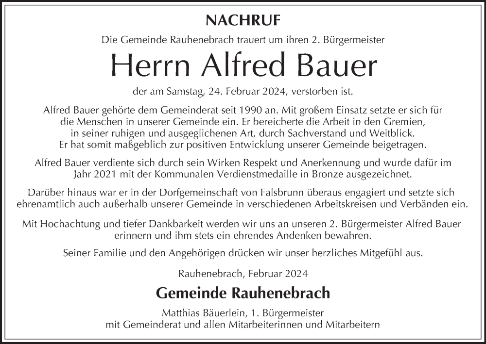  Traueranzeige für Alfred Bauer vom 29.02.2024 aus MGO