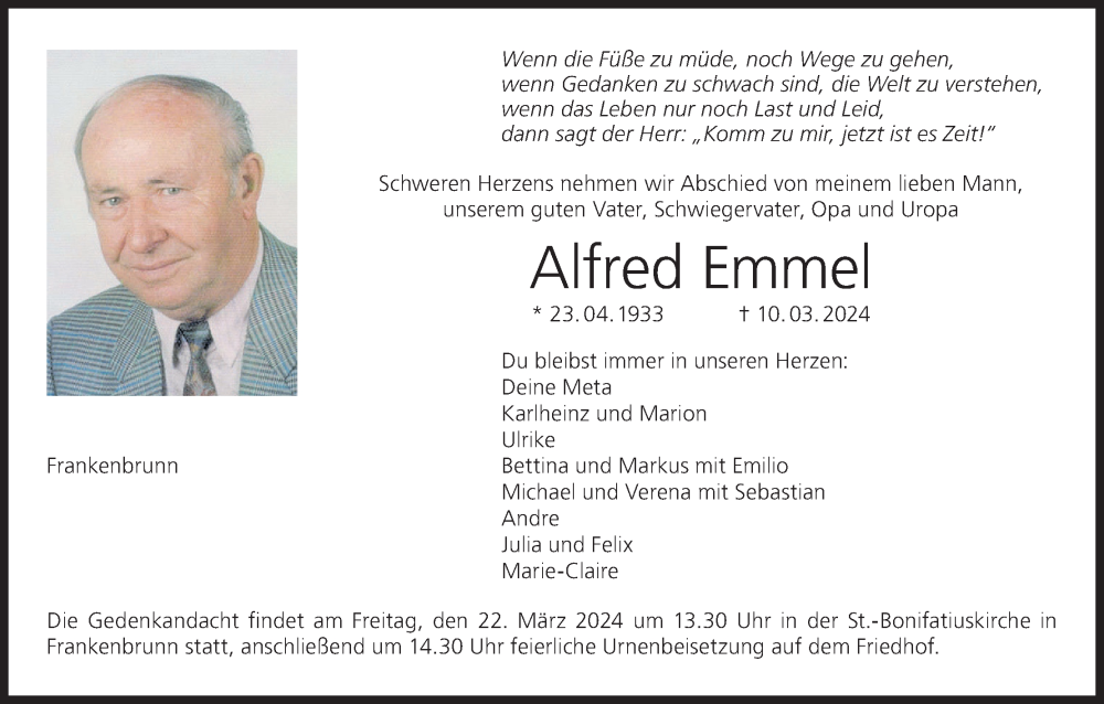  Traueranzeige für Alfred Emmel vom 16.03.2024 aus MGO