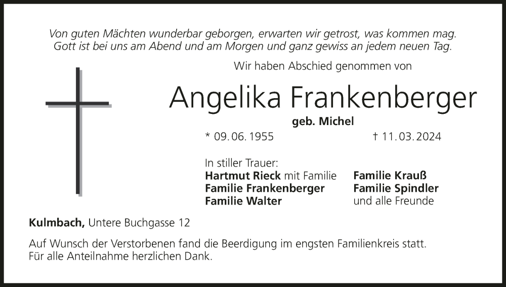  Traueranzeige für Angelika Frankenberger vom 16.03.2024 aus MGO
