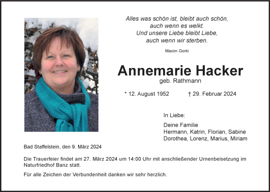 Anzeige von Annemarie Hacker von MGO