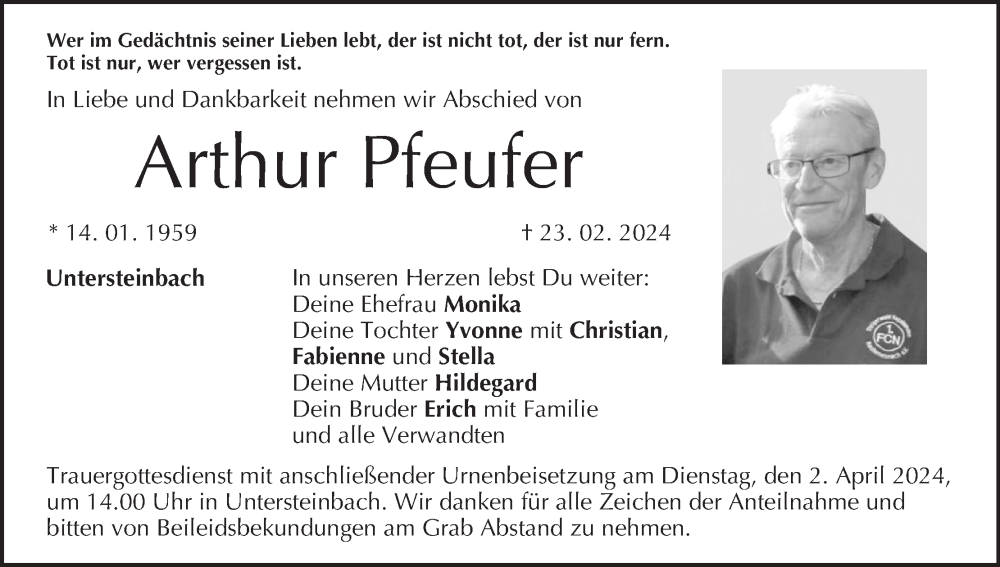  Traueranzeige für Arthur Pfeufer vom 30.03.2024 aus MGO