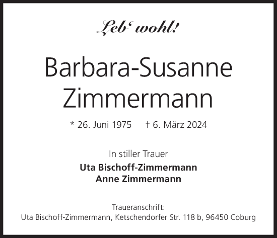 Anzeige von Barbara-Susanne Zimmermann von MGO