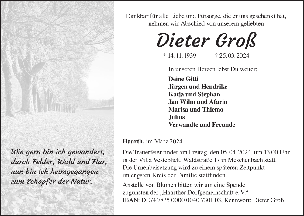  Traueranzeige für Dieter Groß vom 30.03.2024 aus MGO