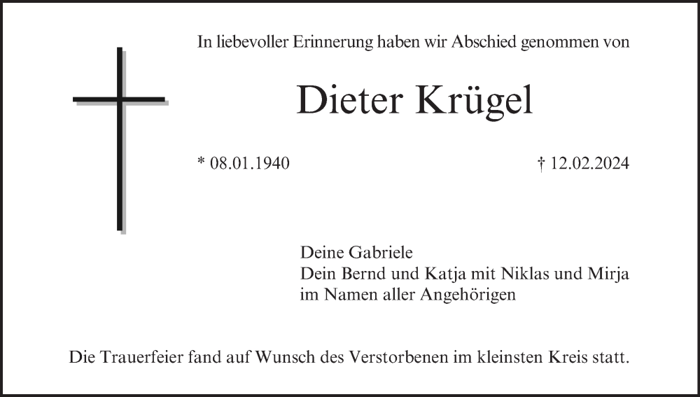  Traueranzeige für Dieter Krügel vom 09.03.2024 aus MGO