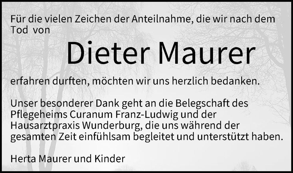  Traueranzeige für Dieter Maurer vom 30.03.2024 aus MGO