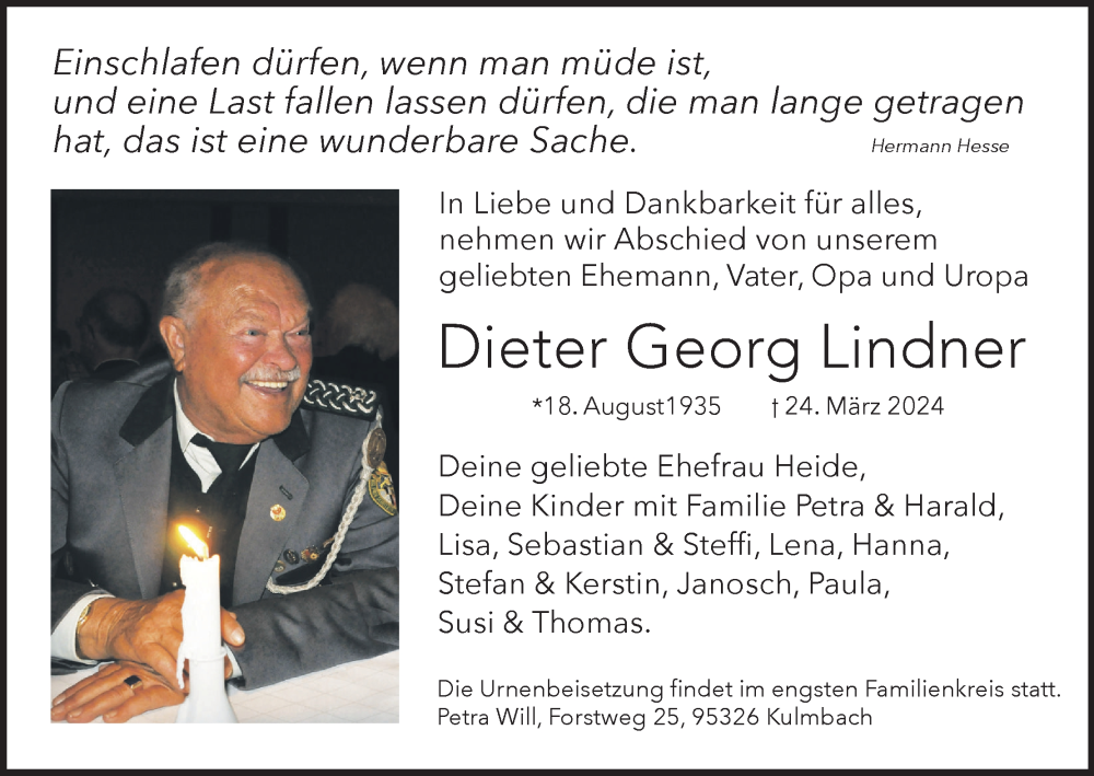  Traueranzeige für Dieter Georg Lindner vom 30.03.2024 aus MGO