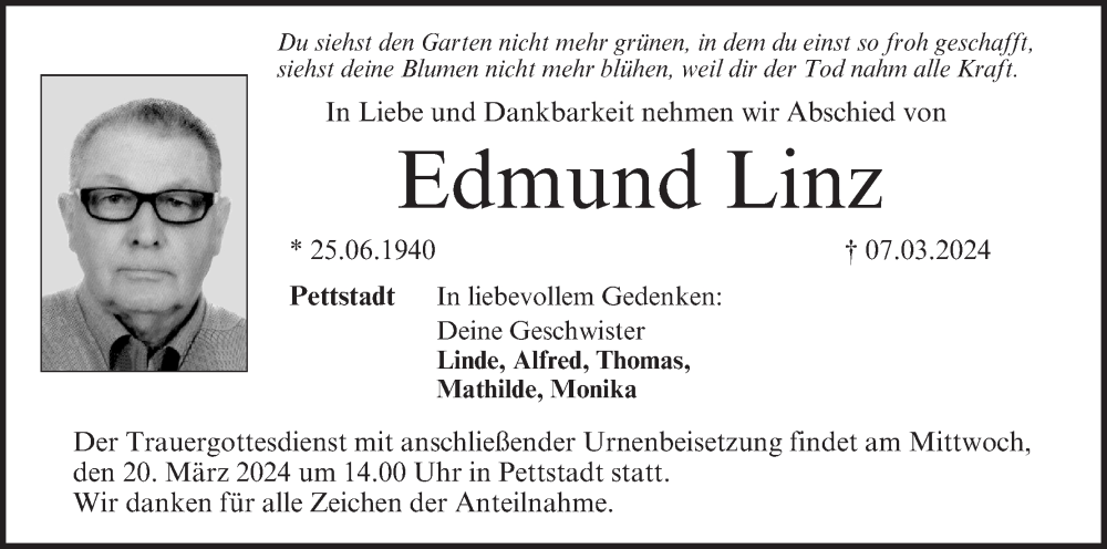  Traueranzeige für Edmund Linz vom 16.03.2024 aus MGO