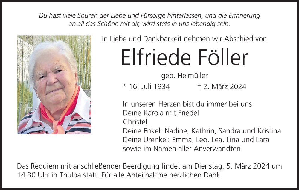  Traueranzeige für Elfriede Föller vom 05.03.2024 aus MGO